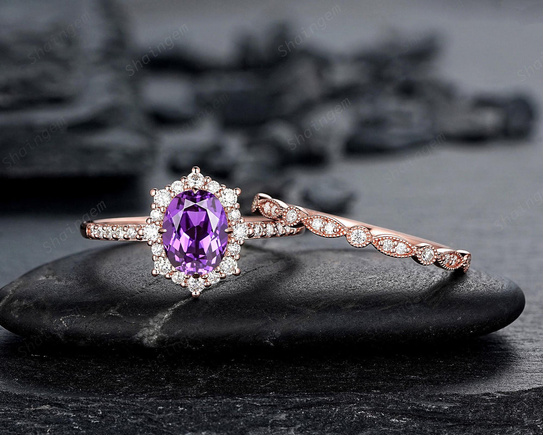 Purple Violet Sapphire and Diamond Engagement Ring Set, Oval Cut Sapphire Rose Gold Halo Wedding Promise Ring Anniversary Gift for Women - ShainJewelry