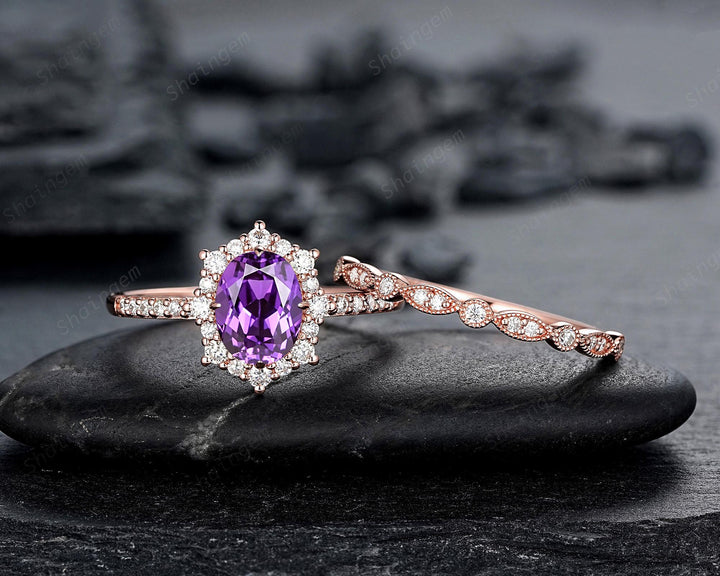 Purple Violet Sapphire and Diamond Engagement Ring Set, Oval Cut Sapphire Rose Gold Halo Wedding Promise Ring Anniversary Gift for Women - ShainJewelry