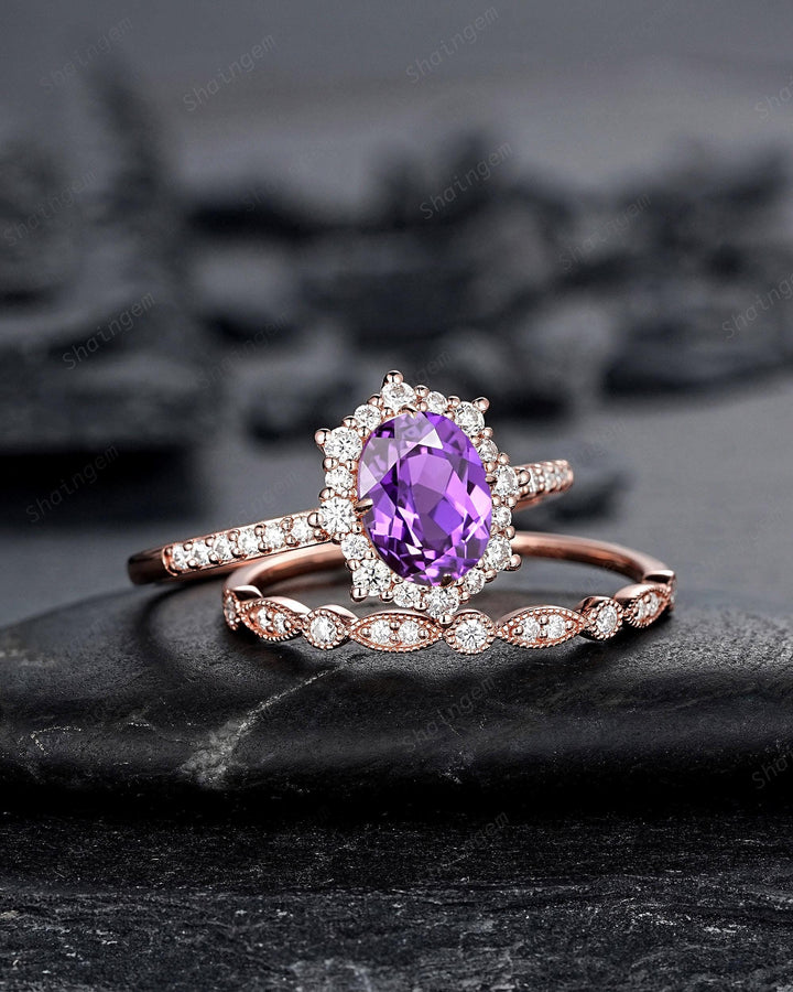 Purple Violet Sapphire and Diamond Engagement Ring Set, Oval Cut Sapphire Rose Gold Halo Wedding Promise Ring Anniversary Gift for Women - ShainJewelry