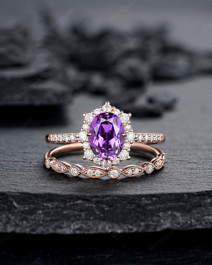Purple Violet Sapphire and Diamond Engagement Ring Set, Oval Cut Sapphire Rose Gold Halo Wedding Promise Ring Anniversary Gift for Women - ShainJewelry