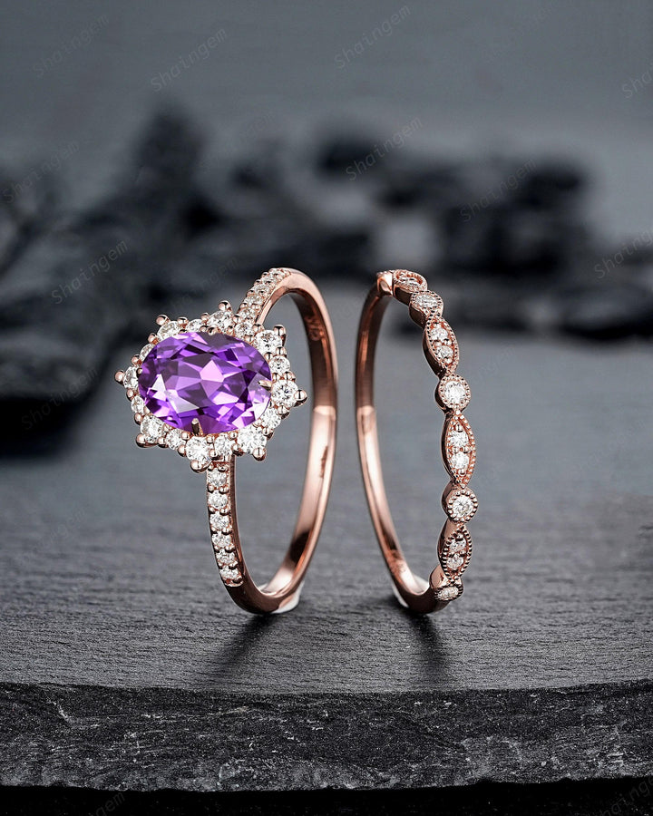 Purple Violet Sapphire and Diamond Engagement Ring Set, Oval Cut Sapphire Rose Gold Halo Wedding Promise Ring Anniversary Gift for Women - ShainJewelry