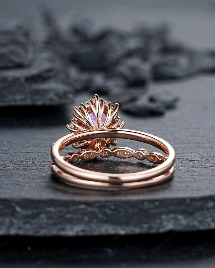 Purple Violet Sapphire and Diamond Engagement Ring Set, Oval Cut Sapphire Rose Gold Halo Wedding Promise Ring Anniversary Gift for Women - ShainJewelry