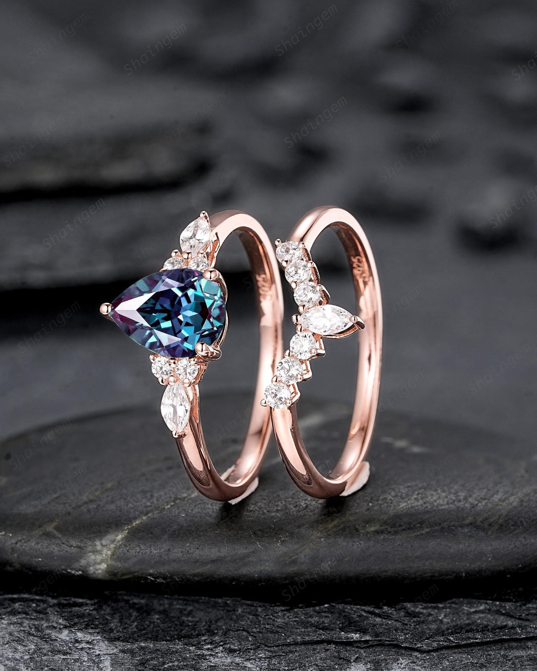 Vintage Pear Shape Alexandrite Engagement Ring Set, Rose Gold Promise Ring Bridal Set, June Birthstone Wedding Ring Anniversary Gift for her - ShainJewelry