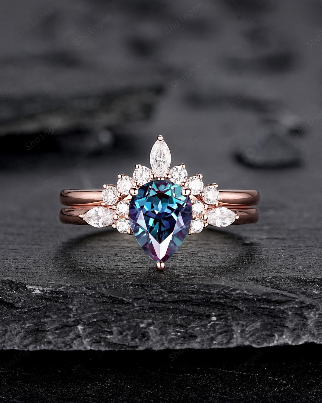 Vintage Pear Shape Alexandrite Engagement Ring Set, Rose Gold Promise Ring Bridal Set, June Birthstone Wedding Ring Anniversary Gift for her - ShainJewelry