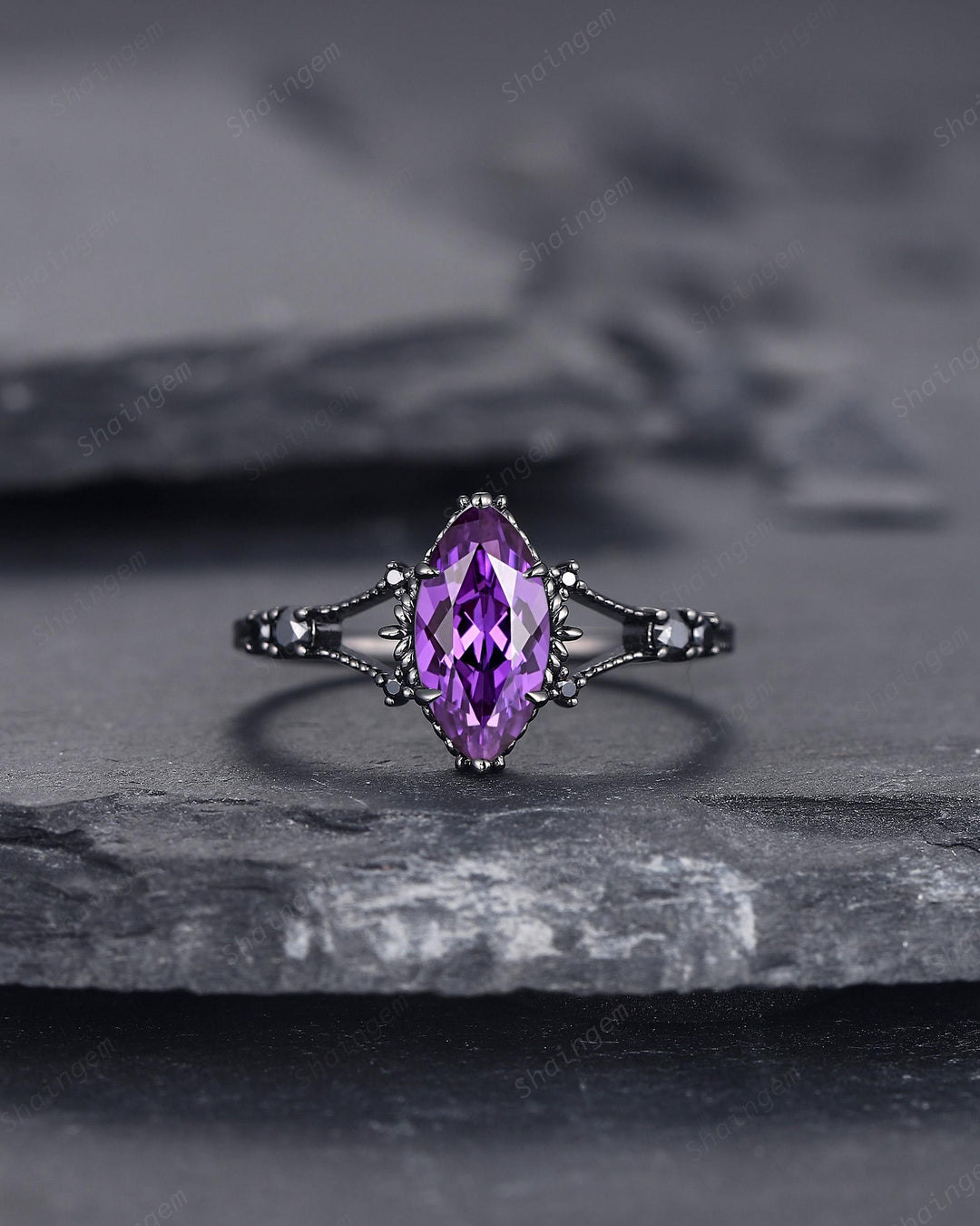 Gothic Back Gold Marquise Cut Violet Purple Sapphire Engagement Ring, Black Rhodium Wedding Ring, Promise Ring Anniversary Gift for Women - ShainJewelry