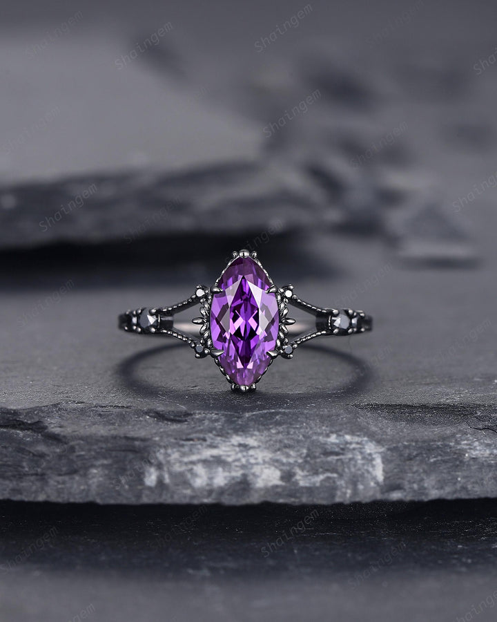 Gothic Back Gold Marquise Cut Violet Purple Sapphire Engagement Ring, Black Rhodium Wedding Ring, Promise Ring Anniversary Gift for Women - ShainJewelry