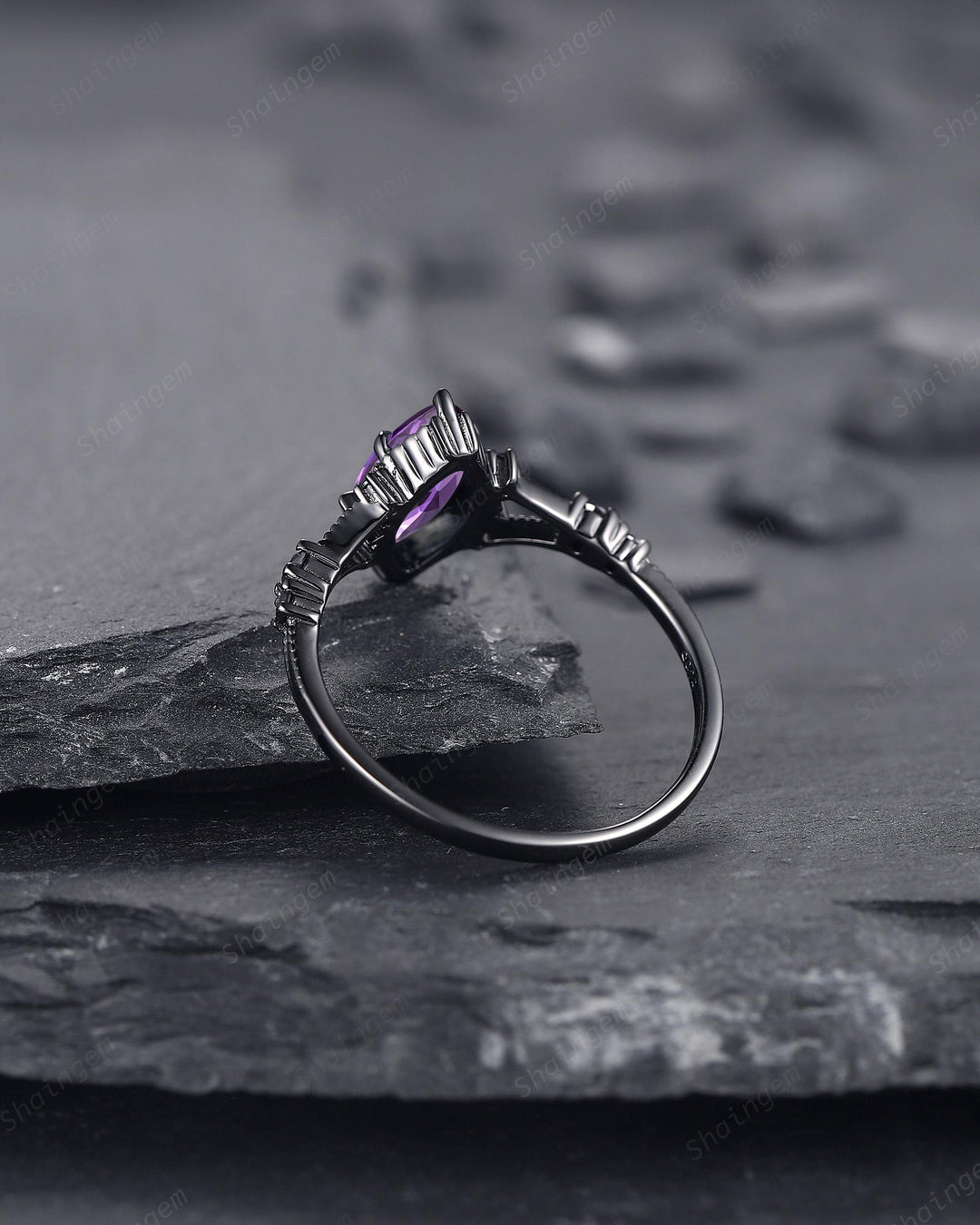 Gothic Back Gold Marquise Cut Violet Purple Sapphire Engagement Ring, Black Rhodium Wedding Ring, Promise Ring Anniversary Gift for Women - ShainJewelry