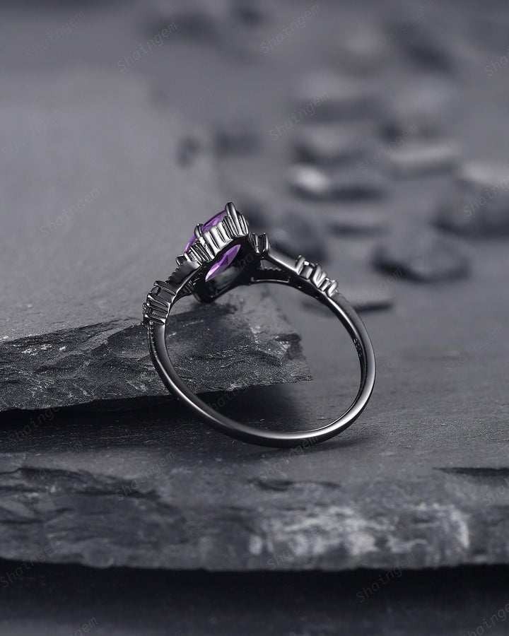 Gothic Back Gold Marquise Cut Violet Purple Sapphire Engagement Ring, Black Rhodium Wedding Ring, Promise Ring Anniversary Gift for Women - ShainJewelry