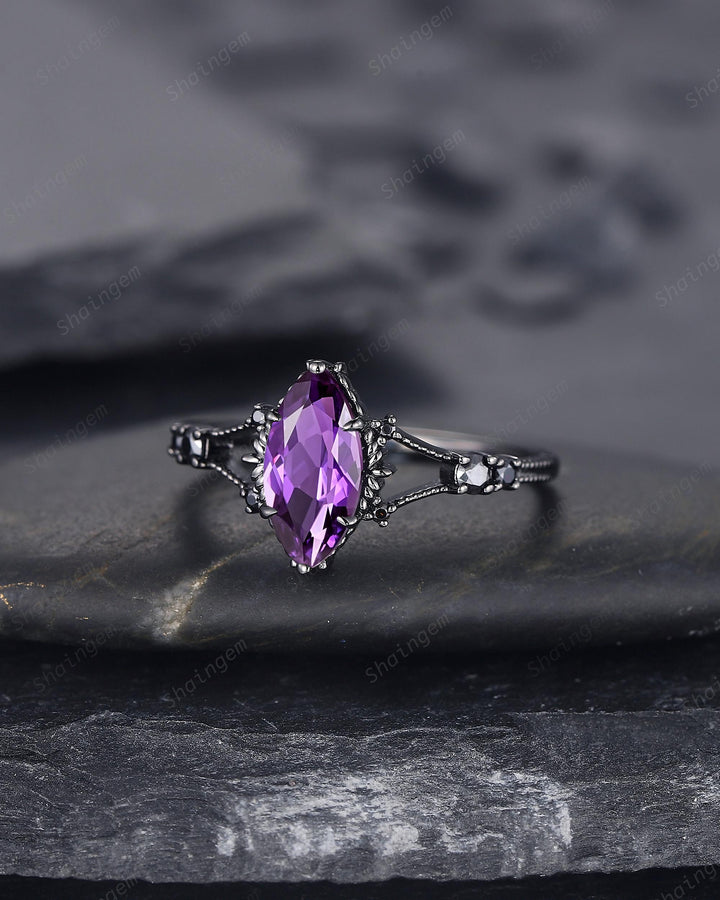 Gothic Back Gold Marquise Cut Violet Purple Sapphire Engagement Ring, Black Rhodium Wedding Ring, Promise Ring Anniversary Gift for Women - ShainJewelry