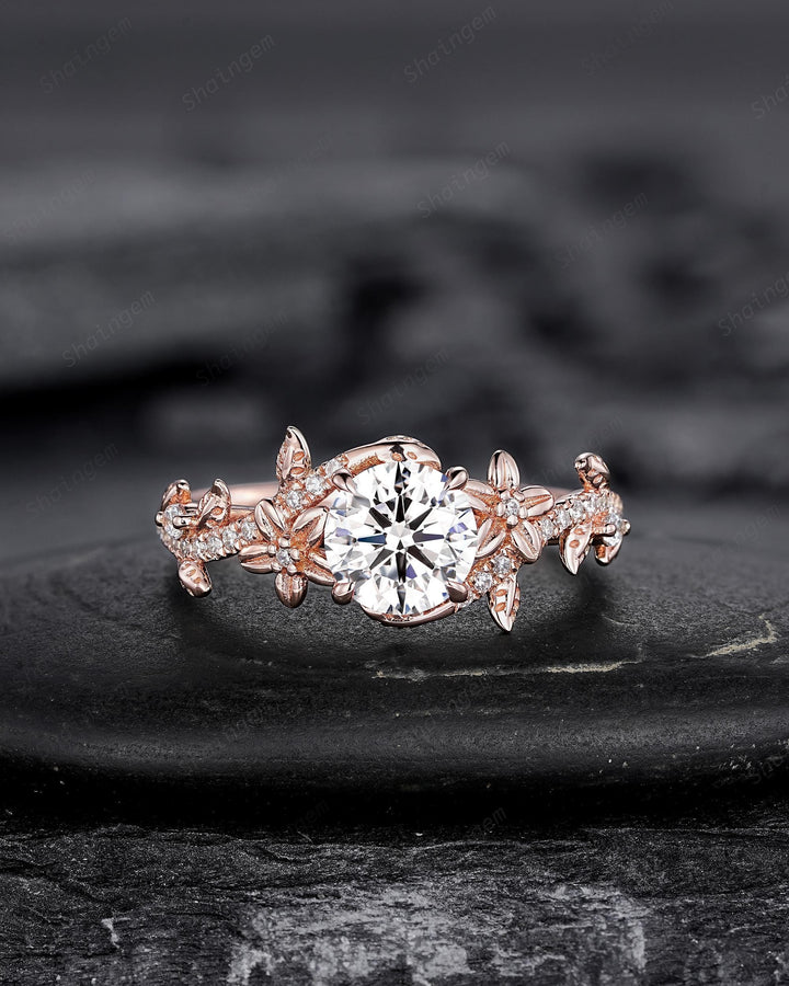 IGI Certified 1 Carat Lab Grown Diamond Engagement Ring, Rose Gold Nature Inspired Leaf Promise Ring Twist Flower Diamond Wedding Ring Gift - ShainJewelry