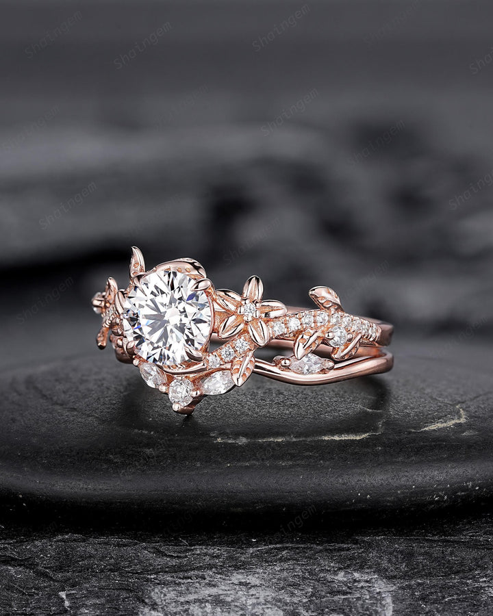 IGI Certified 1 Carat Lab Grown Diamond Engagement Ring, Rose Gold Nature Inspired Leaf Promise Ring Twist Flower Diamond Wedding Ring Gift - ShainJewelry