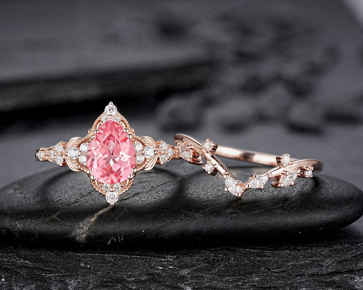 Vintage Pear Shape Padparadscha Pink Sapphire and Diamond Engagement Ring Set, Rose Gold Twig Branch Wedding Ring Bridal Set, Promise Ring - ShainJewelry