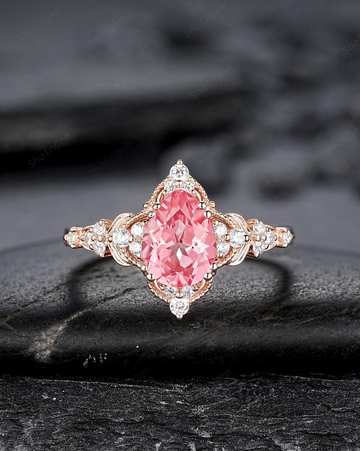Vintage Pear Shape Padparadscha Pink Sapphire and Diamond Engagement Ring Set, Rose Gold Twig Branch Wedding Ring Bridal Set, Promise Ring - ShainJewelry
