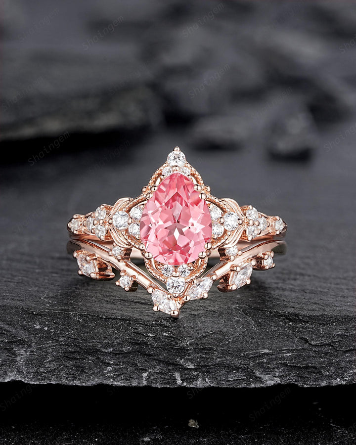 Vintage Pear Shape Padparadscha Pink Sapphire and Diamond Engagement Ring Set, Rose Gold Twig Branch Wedding Ring Bridal Set, Promise Ring - ShainJewelry