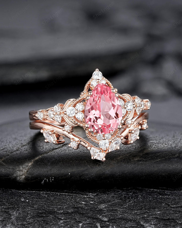 Vintage Pear Shape Padparadscha Pink Sapphire and Diamond Engagement Ring Set, Rose Gold Twig Branch Wedding Ring Bridal Set, Promise Ring - ShainJewelry