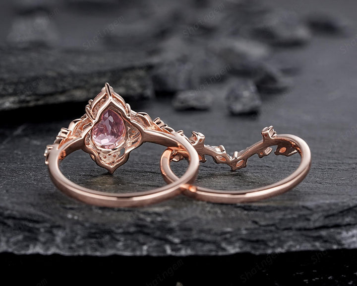 Vintage Pear Shape Padparadscha Pink Sapphire and Diamond Engagement Ring Set, Rose Gold Twig Branch Wedding Ring Bridal Set, Promise Ring - ShainJewelry