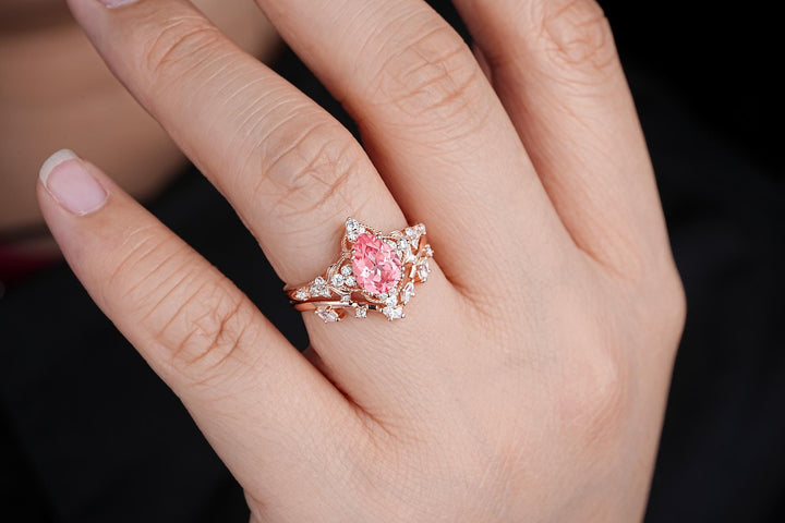 Vintage Pear Shape Padparadscha Pink Sapphire and Diamond Engagement Ring Set, Rose Gold Twig Branch Wedding Ring Bridal Set, Promise Ring - ShainJewelry