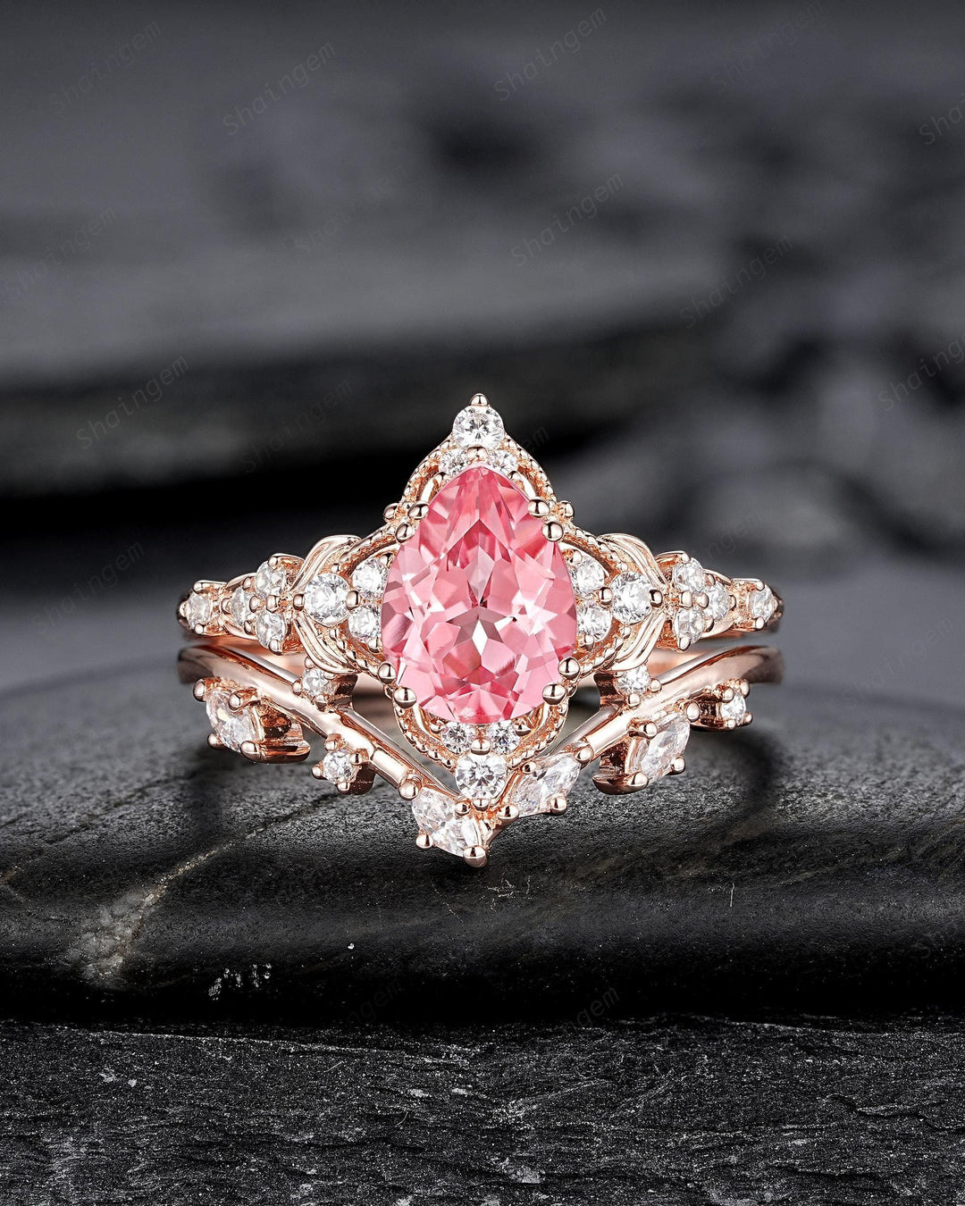 Vintage Pear Shape Padparadscha Pink Sapphire and Diamond Engagement Ring Set, Rose Gold Twig Branch Wedding Ring Bridal Set, Promise Ring - ShainJewelry