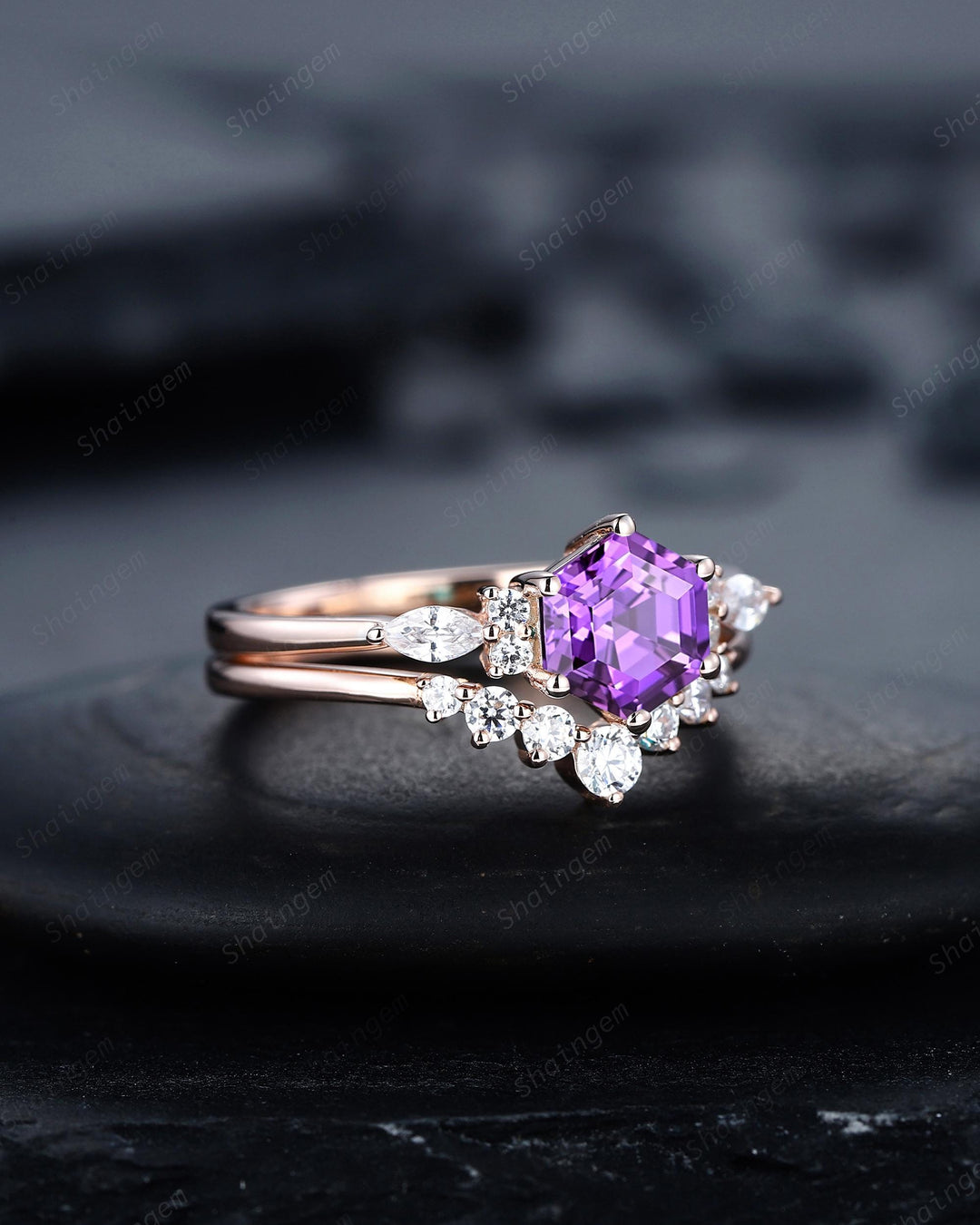 Unique Hexagon Cut Purple Violet Sapphire Engagement Ring Set, Lab Grown Sapphire Rose Gold Wedding Promise Ring Bridal Set Anniversary Gift - ShainJewelry