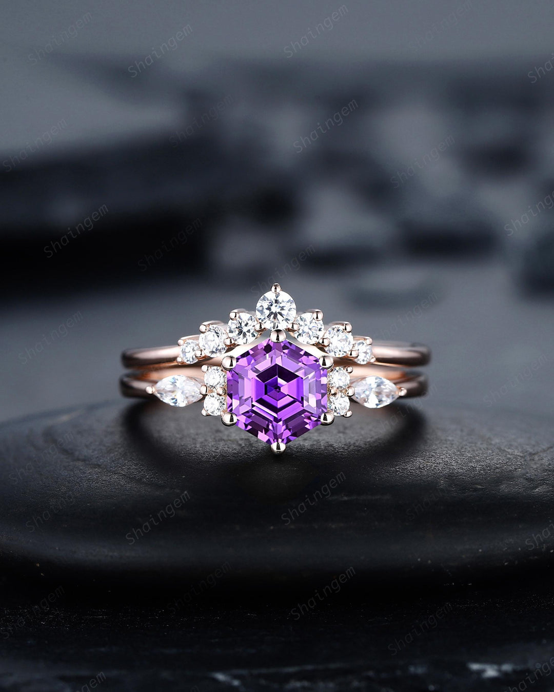 Unique Hexagon Cut Purple Violet Sapphire Engagement Ring Set, Lab Grown Sapphire Rose Gold Wedding Promise Ring Bridal Set Anniversary Gift - ShainJewelry