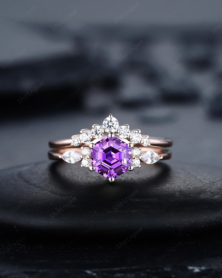 Unique Hexagon Cut Purple Violet Sapphire Engagement Ring Set, Lab Grown Sapphire Rose Gold Wedding Promise Ring Bridal Set Anniversary Gift - ShainJewelry