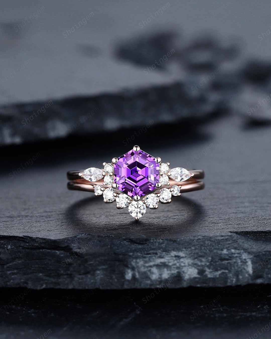 Unique Hexagon Cut Purple Violet Sapphire Engagement Ring Set, Lab Grown Sapphire Rose Gold Wedding Promise Ring Bridal Set Anniversary Gift - ShainJewelry