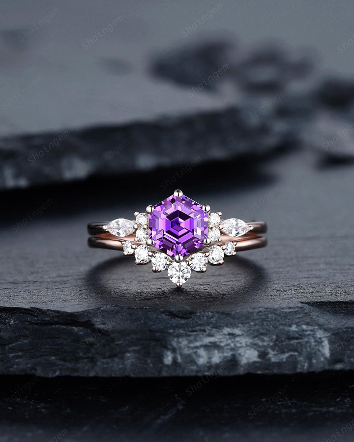 Unique Hexagon Cut Purple Violet Sapphire Engagement Ring Set, Lab Grown Sapphire Rose Gold Wedding Promise Ring Bridal Set Anniversary Gift - ShainJewelry