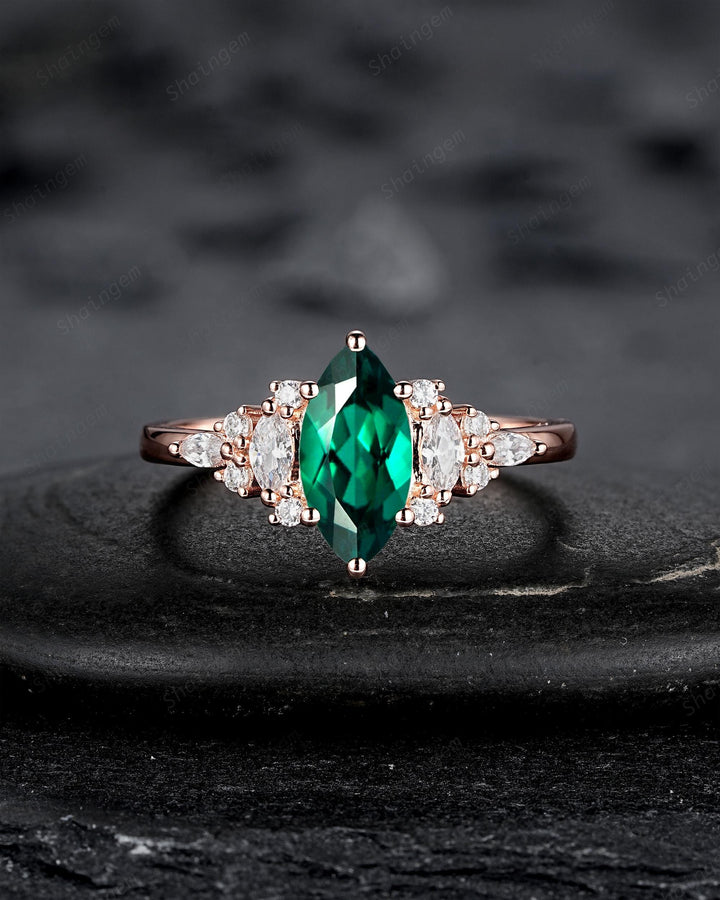 Vintage Marquise Cut Green Emerald Cluster Engagement Ring Set, V Shape Rose Gold May Birthstone Promise Ring, Wedding Ring Gift for Women - ShainJewelry