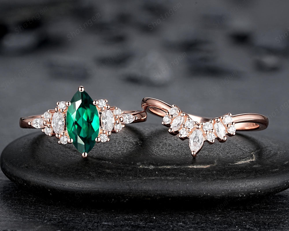 Vintage Marquise Cut Green Emerald Cluster Engagement Ring Set, V Shape Rose Gold May Birthstone Promise Ring, Wedding Ring Gift for Women - ShainJewelry