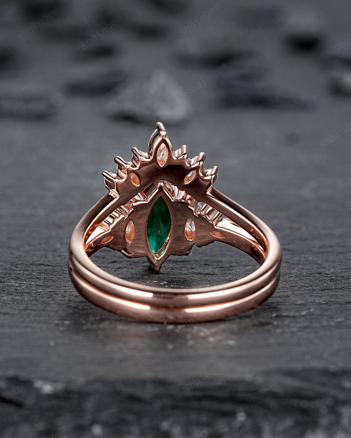 Vintage Marquise Cut Green Emerald Cluster Engagement Ring Set, V Shape Rose Gold May Birthstone Promise Ring, Wedding Ring Gift for Women - ShainJewelry