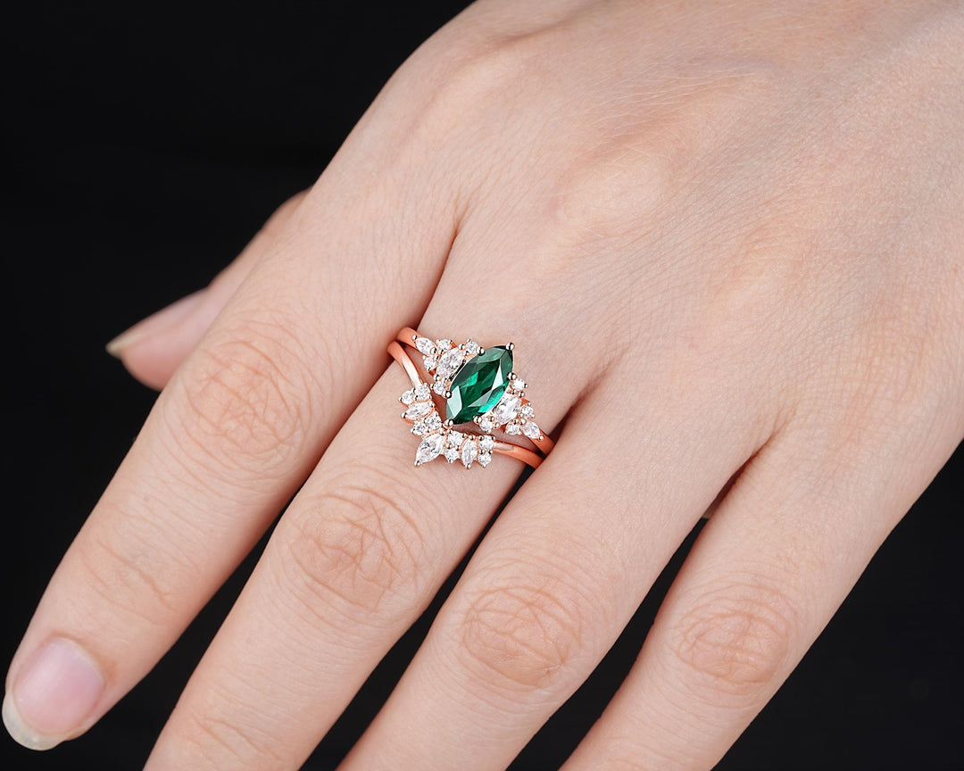 Vintage Marquise Cut Green Emerald Cluster Engagement Ring Set, V Shape Rose Gold May Birthstone Promise Ring, Wedding Ring Gift for Women - ShainJewelry