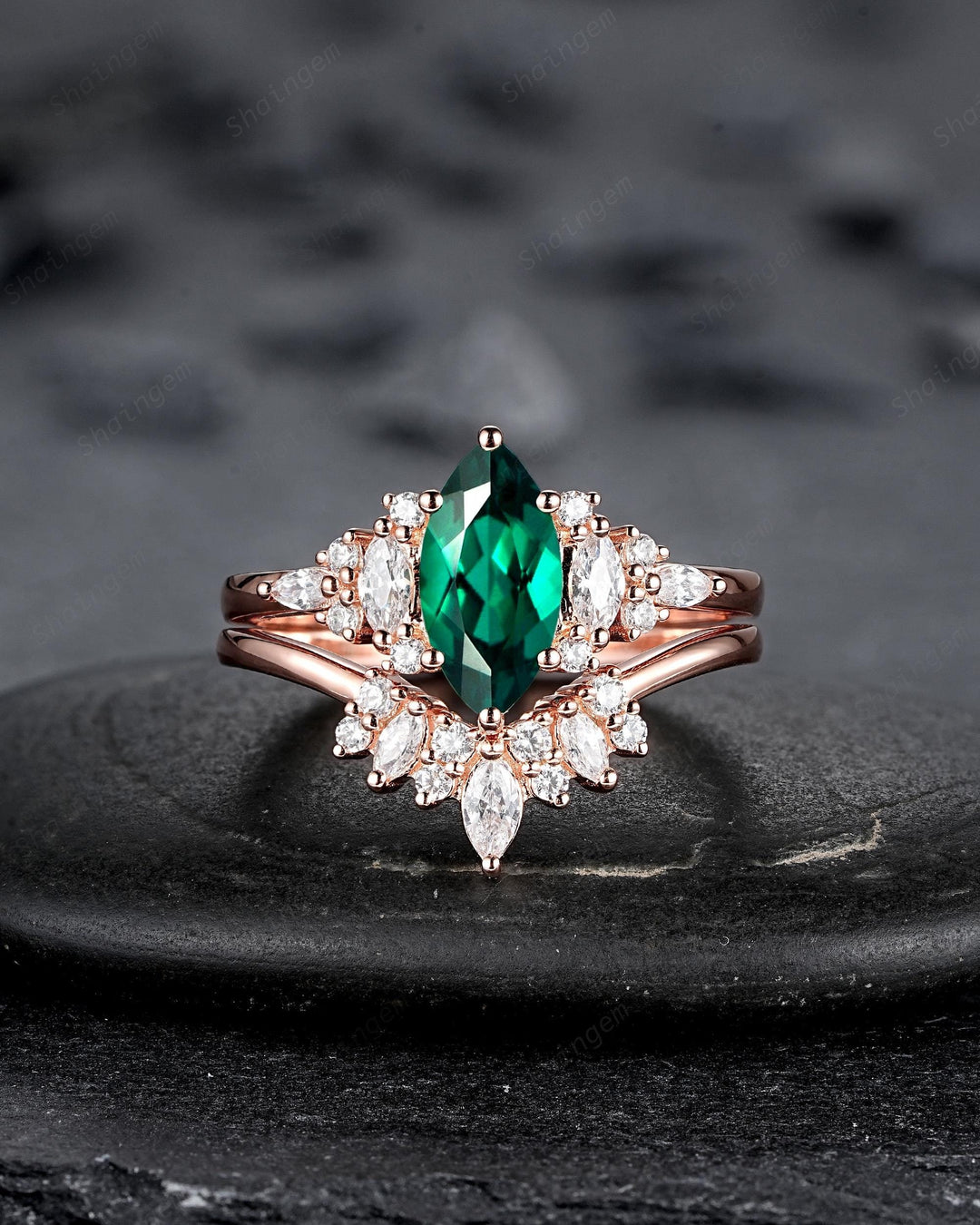 Vintage Marquise Cut Green Emerald Cluster Engagement Ring Set, V Shape Rose Gold May Birthstone Promise Ring, Wedding Ring Gift for Women - ShainJewelry