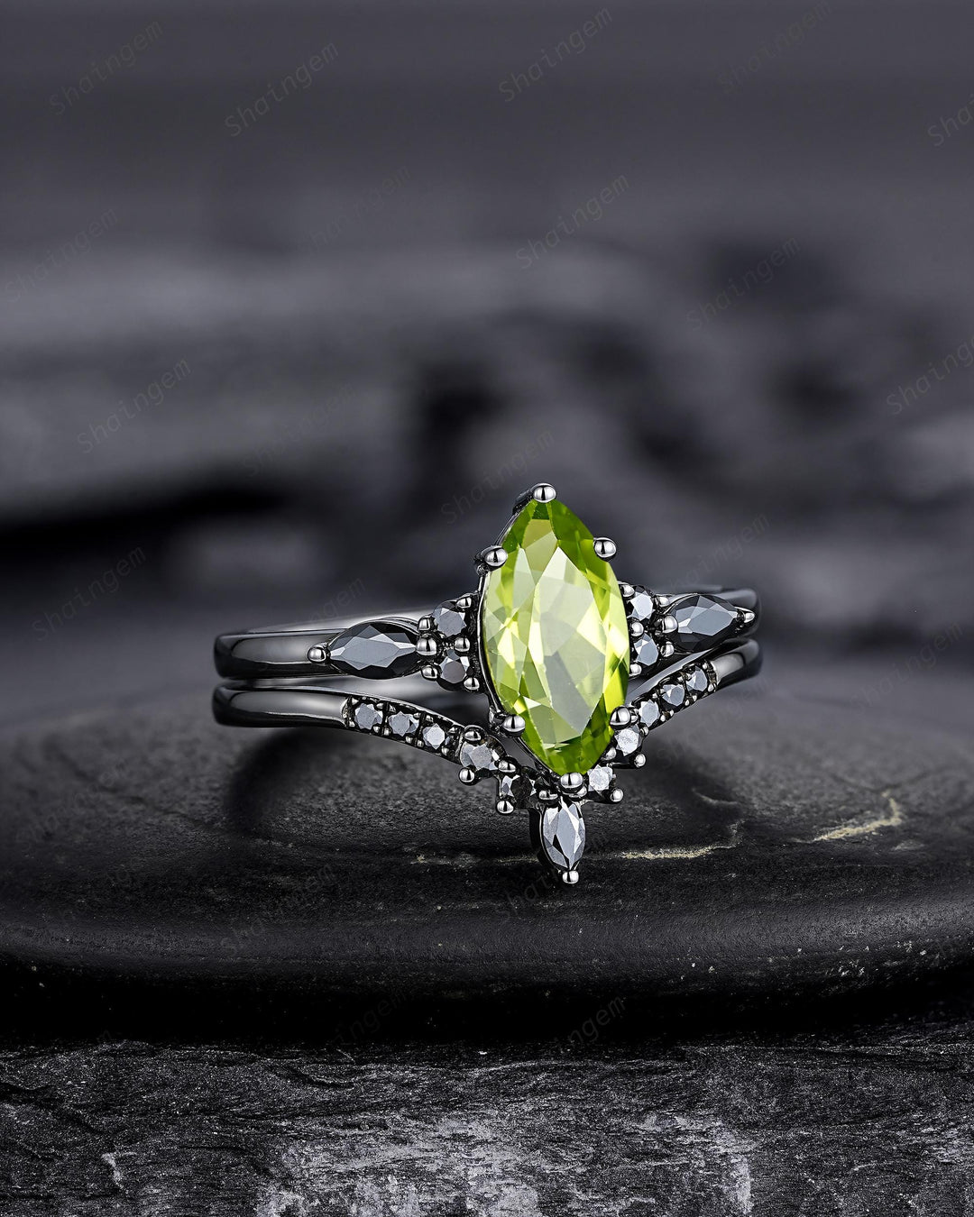 Gothic Marquise Cut Peridot Black Engagement Ring Set, Unique Black Gold Promise Ring, Rhodium Black Wedding Ring, Dark Bridal Set for Women - ShainJewelry