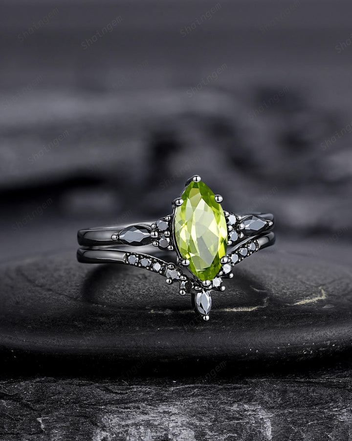 Gothic Marquise Cut Peridot Black Engagement Ring Set, Unique Black Gold Promise Ring, Rhodium Black Wedding Ring, Dark Bridal Set for Women - ShainJewelry