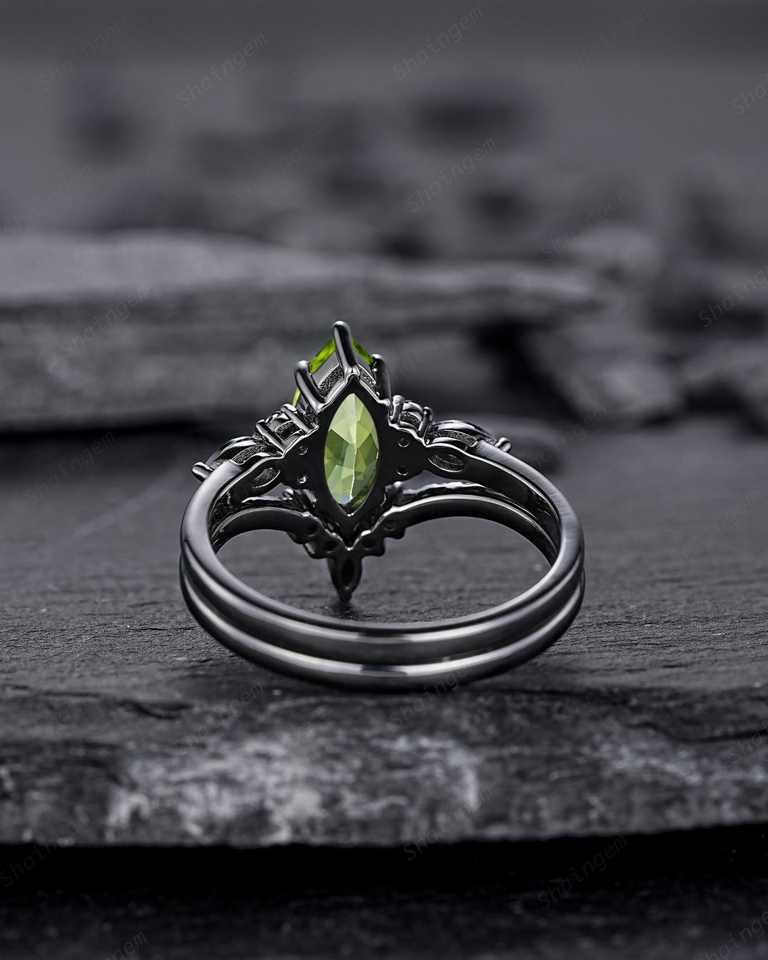 Gothic Marquise Cut Peridot Black Engagement Ring Set, Unique Black Gold Promise Ring, Rhodium Black Wedding Ring, Dark Bridal Set for Women - ShainJewelry