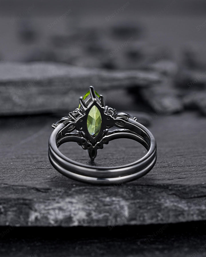 Gothic Marquise Cut Peridot Black Engagement Ring Set, Unique Black Gold Promise Ring, Rhodium Black Wedding Ring, Dark Bridal Set for Women - ShainJewelry