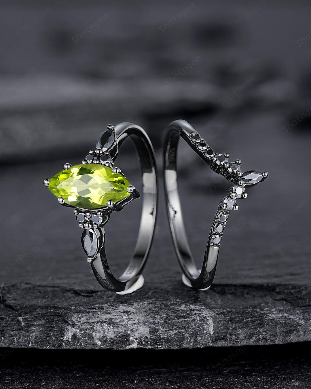 Gothic Marquise Cut Peridot Black Engagement Ring Set, Unique Black Gold Promise Ring, Rhodium Black Wedding Ring, Dark Bridal Set for Women - ShainJewelry