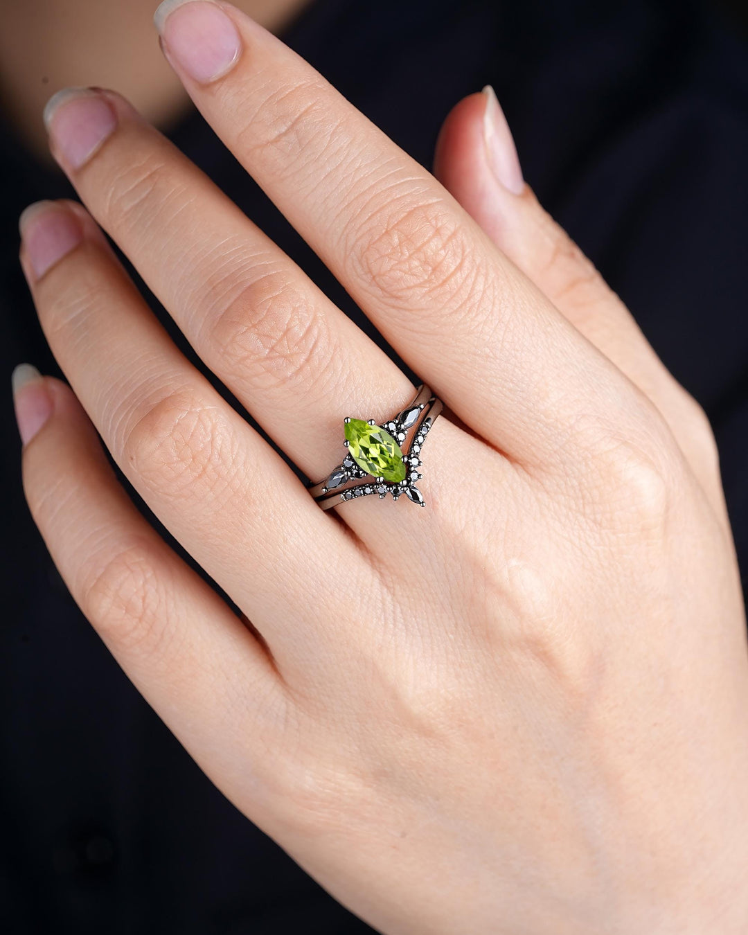 Gothic Marquise Cut Peridot Black Engagement Ring Set, Unique Black Gold Promise Ring, Rhodium Black Wedding Ring, Dark Bridal Set for Women - ShainJewelry