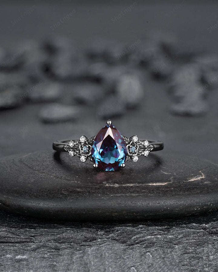 Gothic Black Gold Pear Cut Alexandrite Engagement Ring Set, Black Floral Promise Ring Unique Black Rhodium Wedding Ring Bridal Set for Women - ShainJewelry