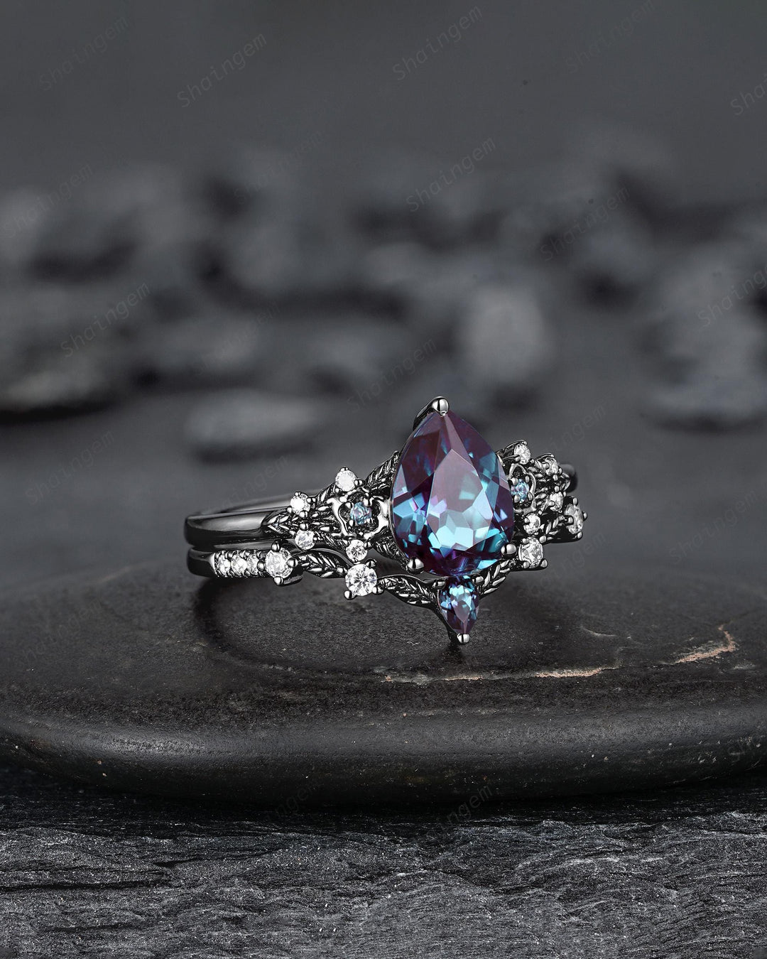 Gothic Black Gold Pear Cut Alexandrite Engagement Ring Set, Black Floral Promise Ring Unique Black Rhodium Wedding Ring Bridal Set for Women - ShainJewelry
