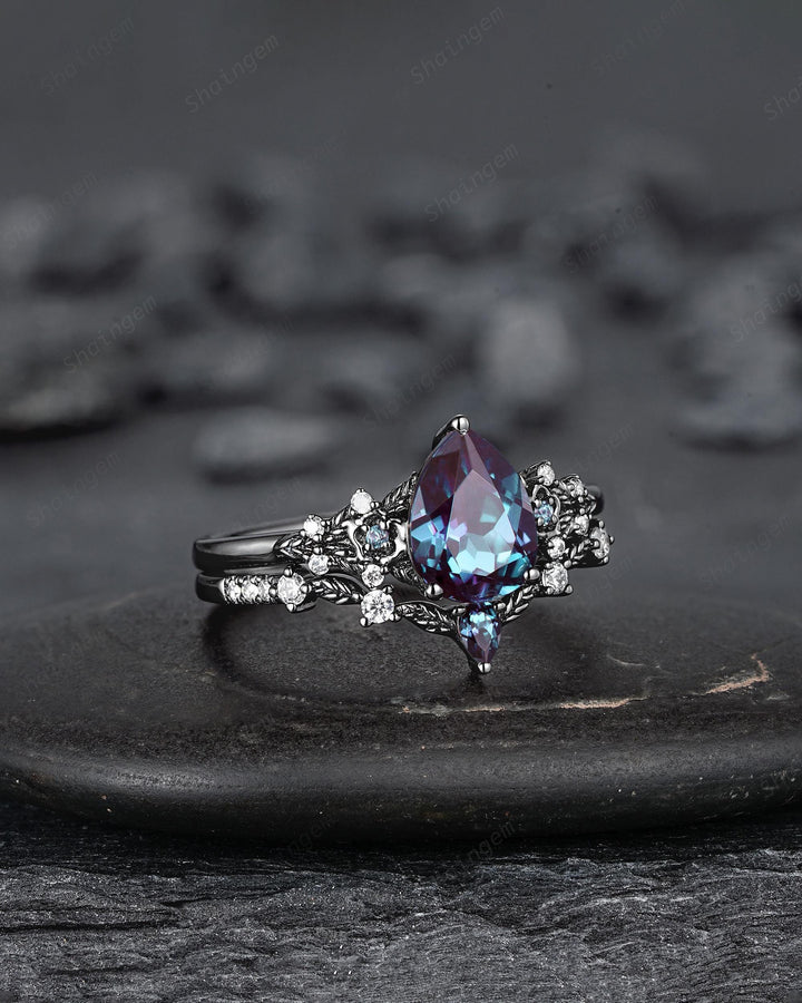 Gothic Black Gold Pear Cut Alexandrite Engagement Ring Set, Black Floral Promise Ring Unique Black Rhodium Wedding Ring Bridal Set for Women - ShainJewelry