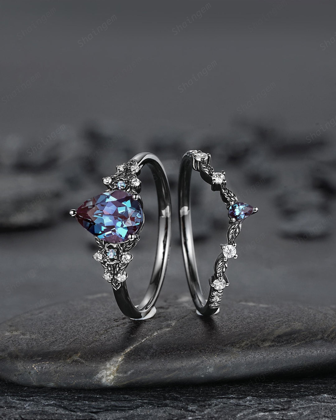 Gothic Black Gold Pear Cut Alexandrite Engagement Ring Set, Black Floral Promise Ring Unique Black Rhodium Wedding Ring Bridal Set for Women - ShainJewelry