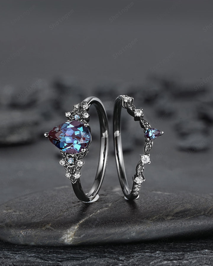 Gothic Black Gold Pear Cut Alexandrite Engagement Ring Set, Black Floral Promise Ring Unique Black Rhodium Wedding Ring Bridal Set for Women - ShainJewelry