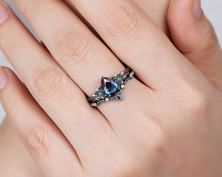 Gothic Black Gold Pear Cut Alexandrite Engagement Ring Set, Black Floral Promise Ring Unique Black Rhodium Wedding Ring Bridal Set for Women - ShainJewelry