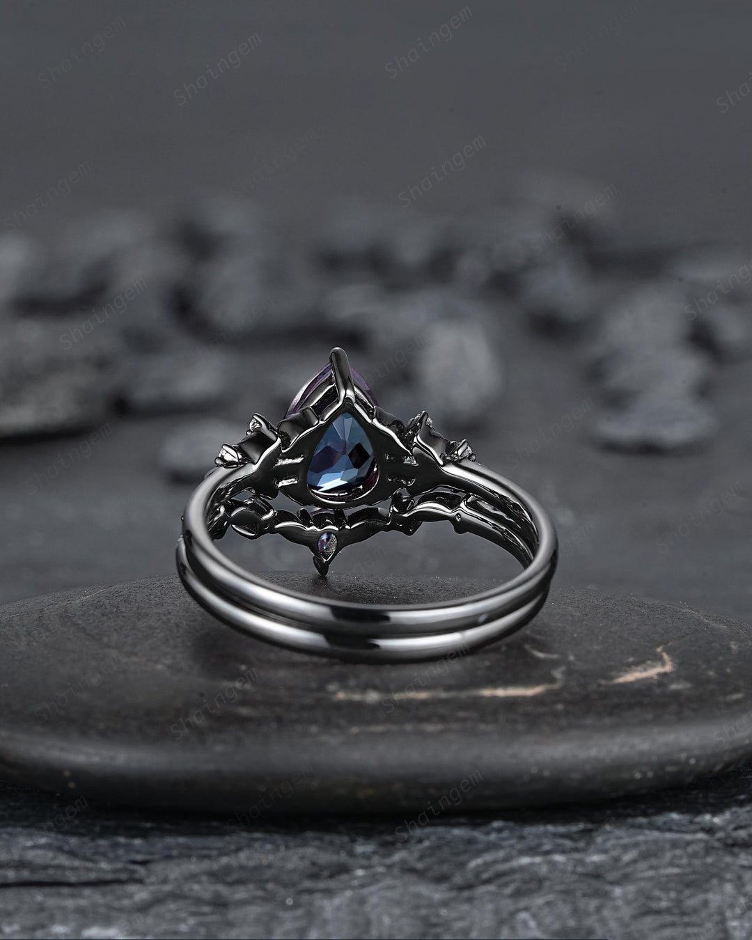 Gothic Black Gold Pear Cut Alexandrite Engagement Ring Set, Black Floral Promise Ring Unique Black Rhodium Wedding Ring Bridal Set for Women - ShainJewelry
