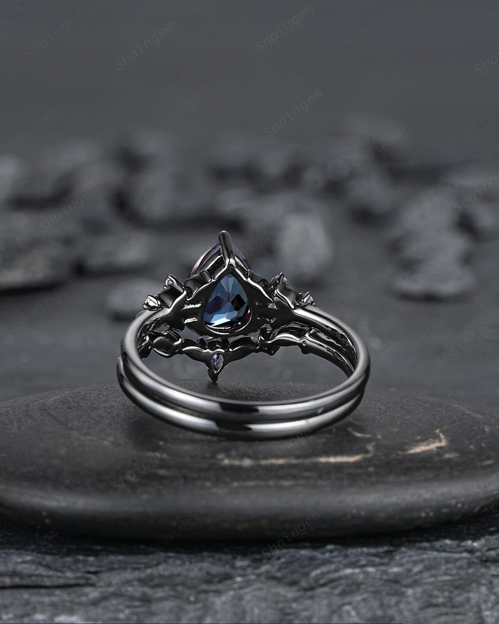 Gothic Black Gold Pear Cut Alexandrite Engagement Ring Set, Black Floral Promise Ring Unique Black Rhodium Wedding Ring Bridal Set for Women - ShainJewelry