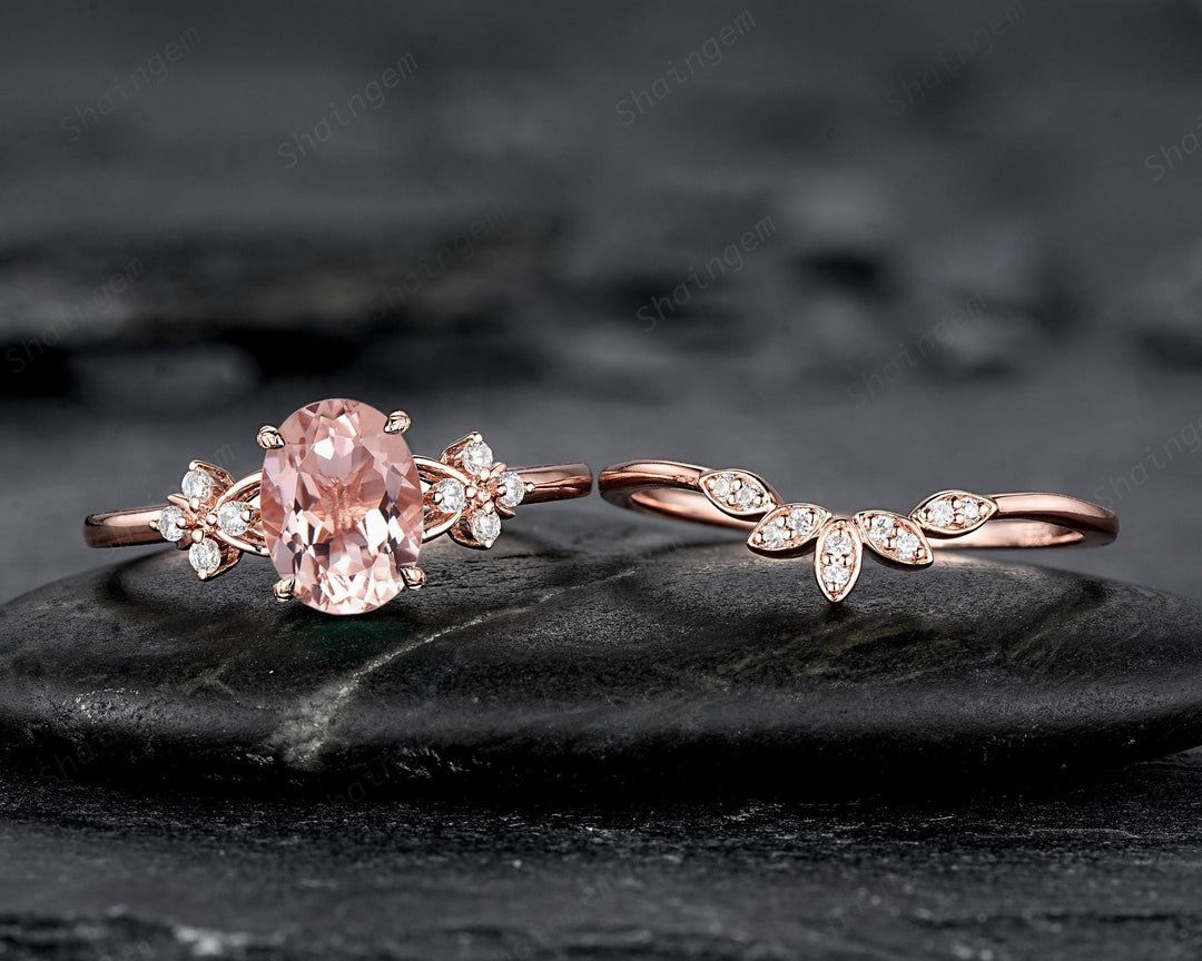 Vintage Oval Pink Morganite Floral Engagement Ring Set, Rose Gold Morganite Wedding Ring, Unique Cluster Bridal Set Promise Ring for Women - ShainJewelry