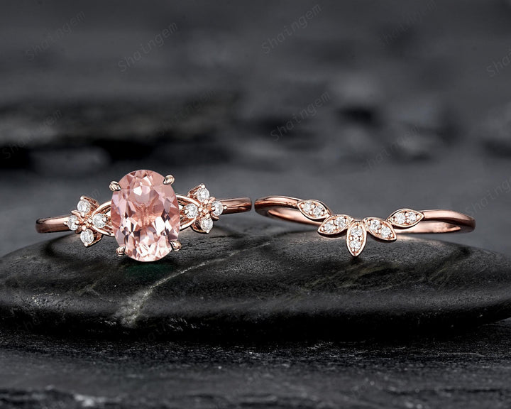 Vintage Oval Pink Morganite Floral Engagement Ring Set, Rose Gold Morganite Wedding Ring, Unique Cluster Bridal Set Promise Ring for Women - ShainJewelry