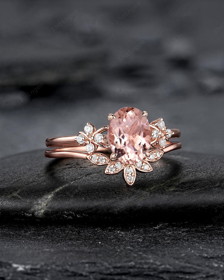 Vintage Oval Pink Morganite Floral Engagement Ring Set, Rose Gold Morganite Wedding Ring, Unique Cluster Bridal Set Promise Ring for Women - ShainJewelry