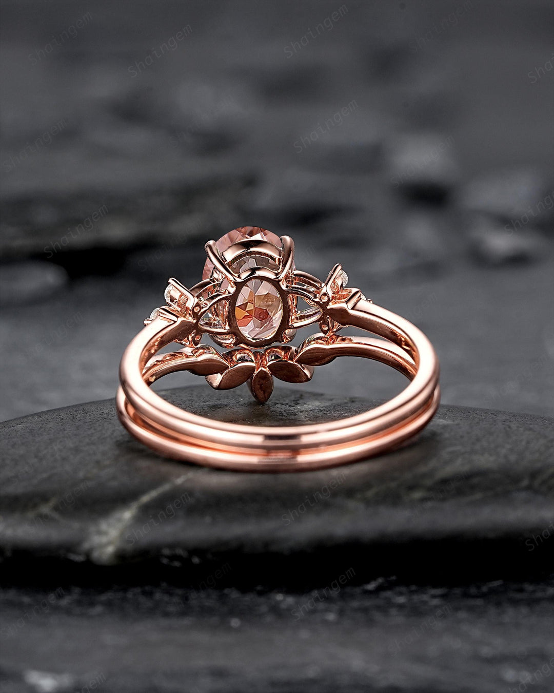 Vintage Oval Pink Morganite Floral Engagement Ring Set, Rose Gold Morganite Wedding Ring, Unique Cluster Bridal Set Promise Ring for Women - ShainJewelry